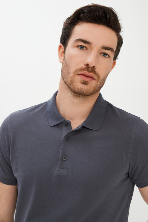 Medium Grey Polo Collar Slim Fit Cotton T-Shirt