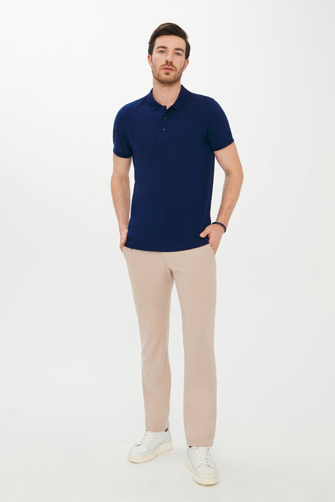 Medium Navy Polo Collar Slim Fit Narrow Cut Cotton T-Shirt