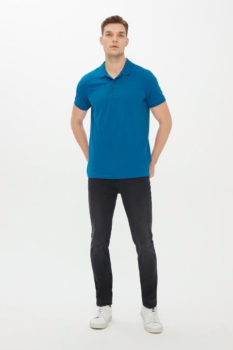 Petrol Green Polo Collar Slim Fit Narrow Cut Cotton T-Shirt