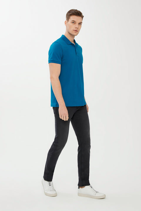Petrol Green Polo Collar Slim Fit Narrow Cut Cotton T-Shirt