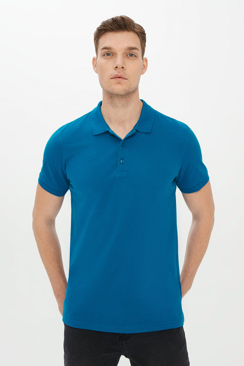 Petrol Green Polo Collar Slim Fit Narrow Cut Cotton T-Shirt
