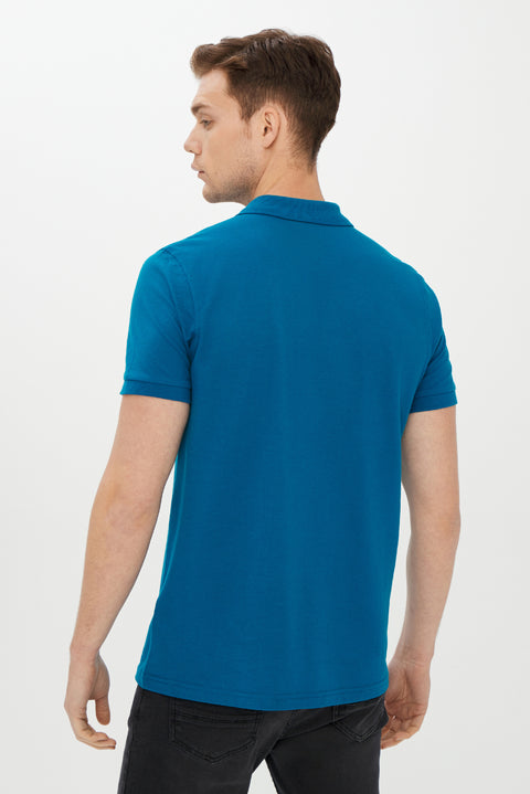 Petrol Green Polo Collar Slim Fit Narrow Cut Cotton T-Shirt