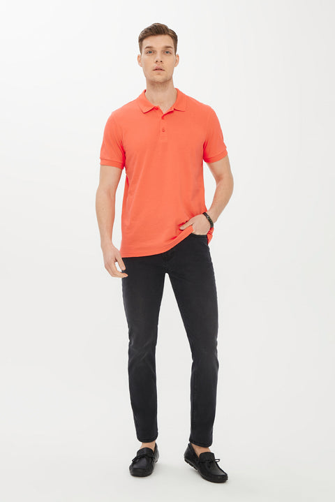 Coral Red Polo Collar Slim Fit Narrow Cut Cotton T-shirt