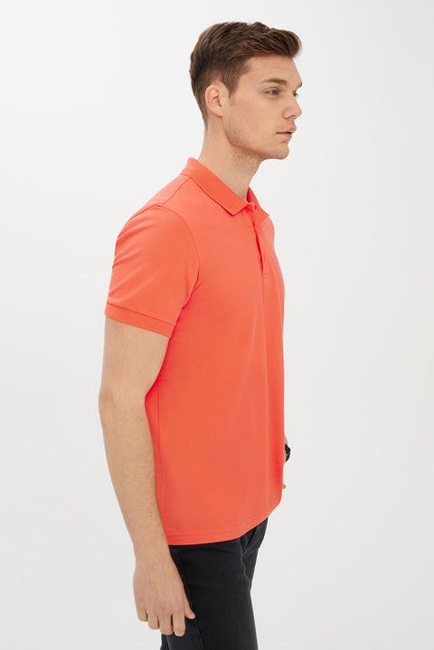 Coral Red Polo Collar Slim Fit Narrow Cut Cotton T-shirt
