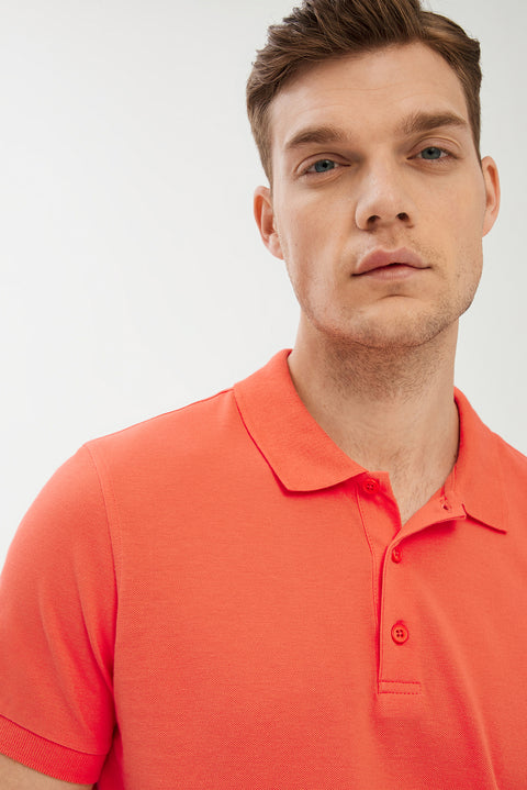 Coral Red Polo Collar Slim Fit Narrow Cut Cotton T-shirt