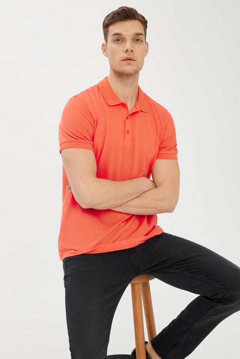 Coral Red Polo Collar Slim Fit Narrow Cut Cotton T-shirt