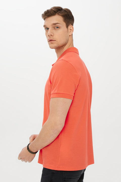 Coral Red Polo Collar Slim Fit Narrow Cut Cotton T-shirt