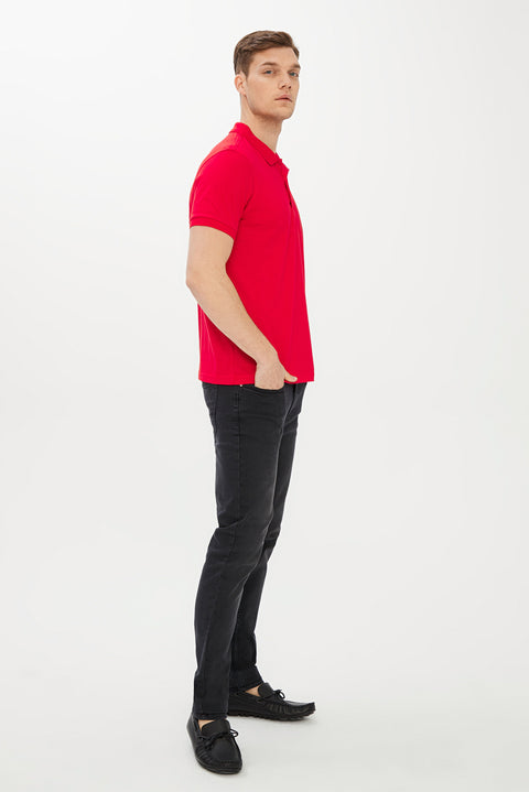 Flag Red Polo Collar Slim Fit Narrow Cut Cotton T-Shirt