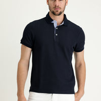 Dark Navy Polo Collar Slim Fit Patterned Cotton T-shirt