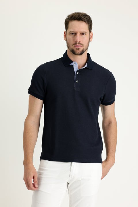 Dark Navy Polo Collar Slim Fit Patterned Cotton T-shirt