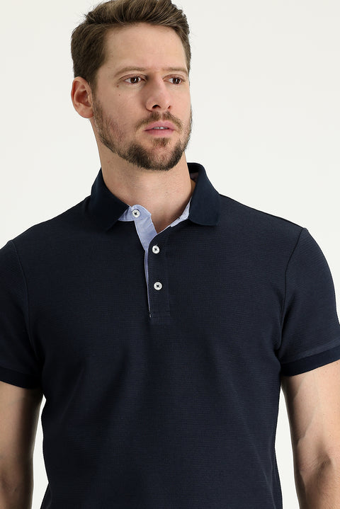 Dark Navy Polo Collar Slim Fit Patterned Cotton T-shirt
