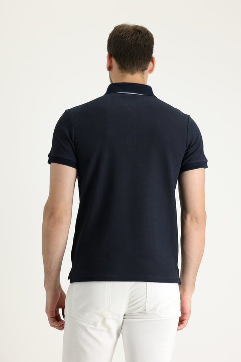 Dark Navy Polo Collar Slim Fit Patterned Cotton T-shirt