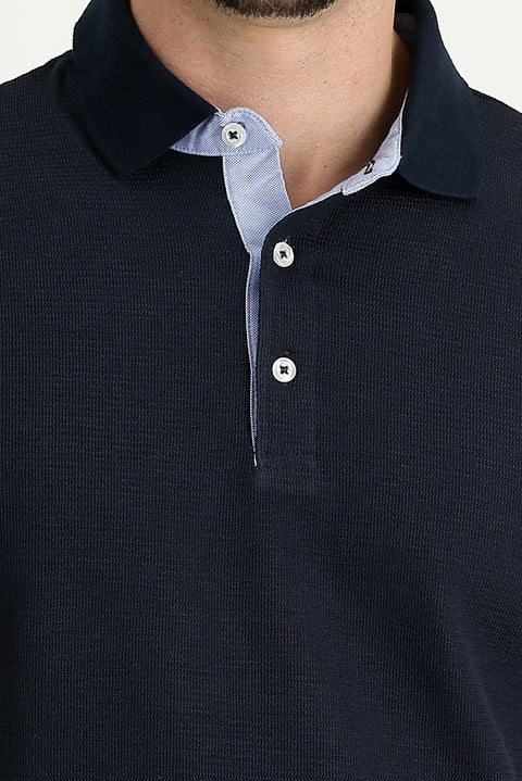 Dark Navy Polo Collar Slim Fit Patterned Cotton T-shirt
