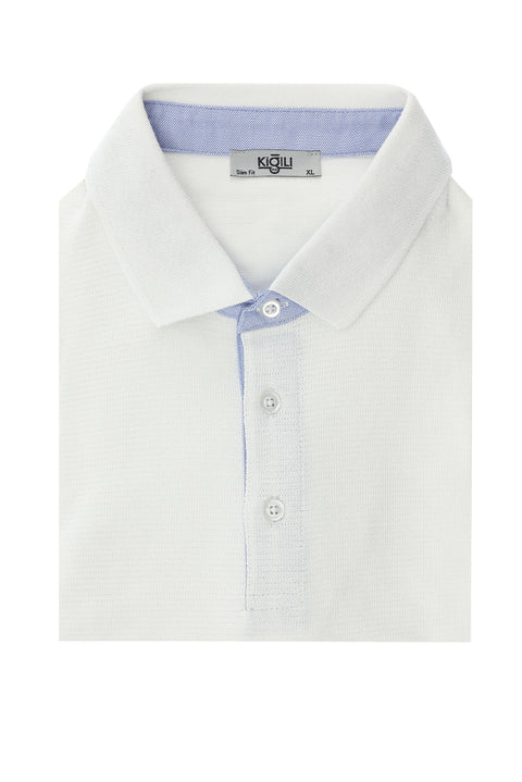 White Polo Collar Slim Fit Patterned Cotton T-shirt