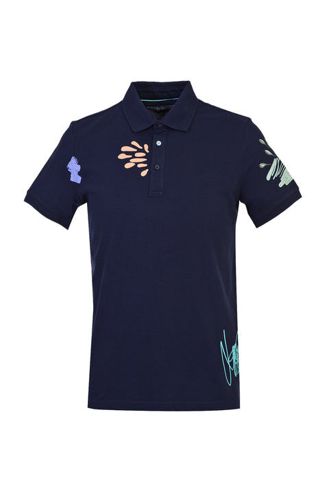 Dark Navy Polo Shirt Slim Fit Printed T-Shirt