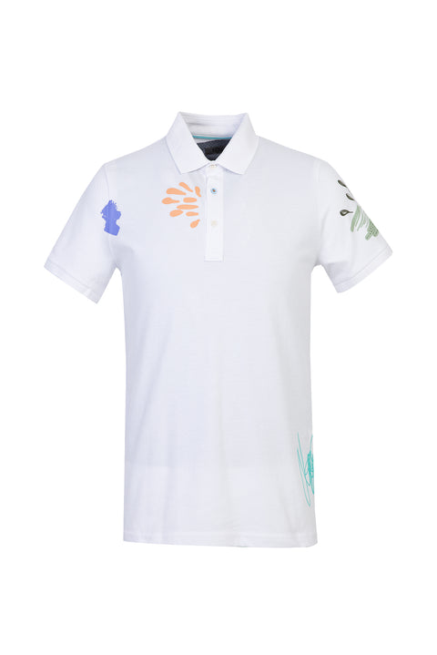White Polo Collar Slim Fit Printed T-shirt