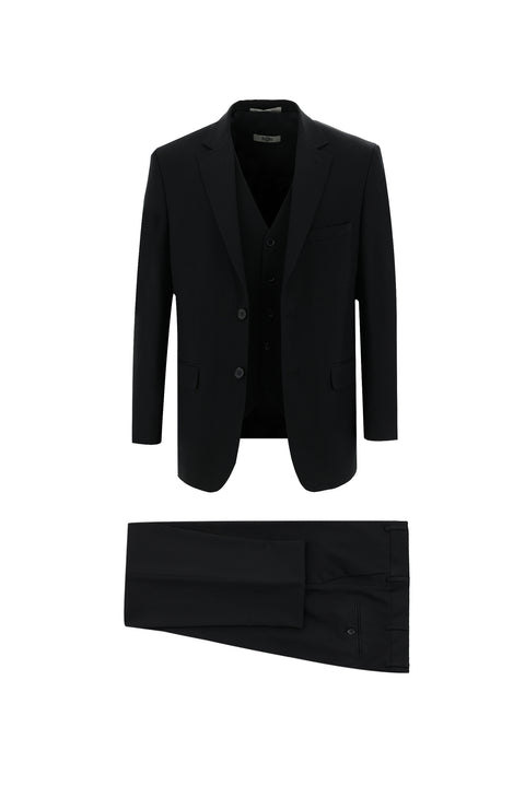Black 4-Drop Relaxed Fit Suit with Vest