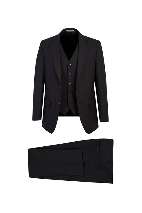 Black 4-Drop Relaxed Fit Wool Vest Suit