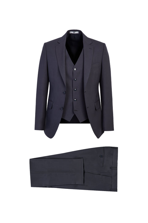 Koyu Füme 7 Drop Slim Fit Dar Kesim Yünlü Yelekli Takım Elbise