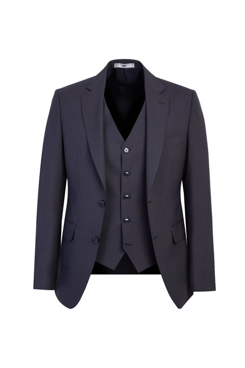 Koyu Füme 7 Drop Slim Fit Dar Kesim Yünlü Yelekli Takım Elbise