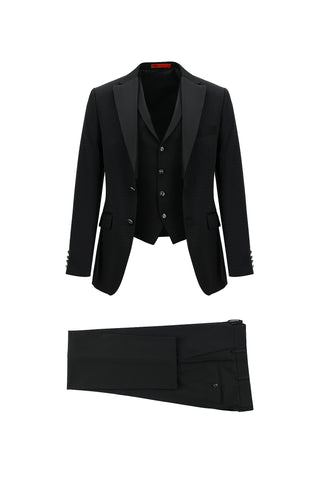  Siyah 7 Drop Slim Fit Dar Kesim Mono Yaka Yelekli Smokin & Damatlık