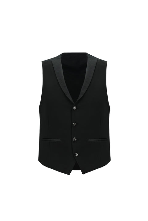 Siyah 7 Drop Slim Fit Dar Kesim Mono Yaka Yelekli Smokin & Damatlık