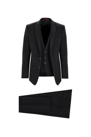  Siyah 7 Drop Slim Fit Dar Kesim Mono Yaka Yelekli Smokin & Damatlık
