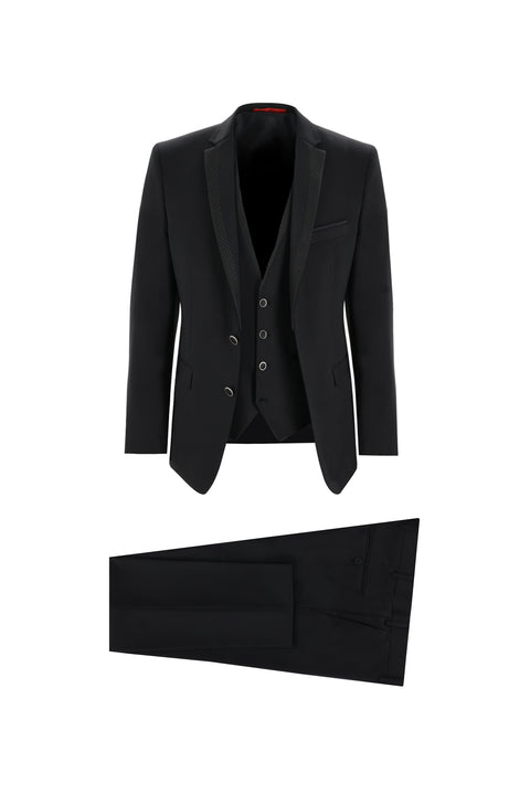 Black 7 Drop Slim Fit Narrow Cut Mono Collar Vest Tuxedo & Groom Suit