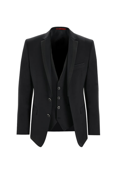 Black 7 Drop Slim Fit Narrow Cut Mono Collar Vest Tuxedo & Groom Suit