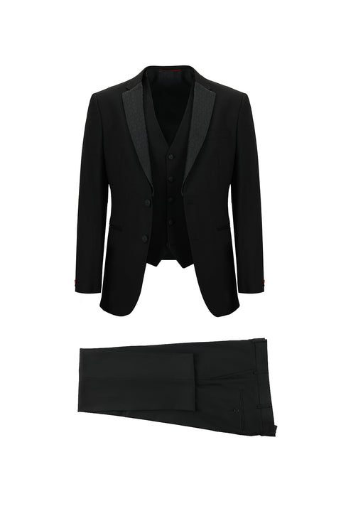 Black 7 Drop Slim Fit Narrow Cut Mono Collar Vest Tuxedo & Groom Suit