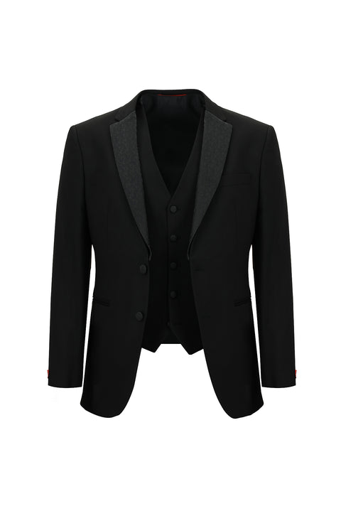 Black 7 Drop Slim Fit Narrow Cut Mono Collar Vest Tuxedo & Groom Suit