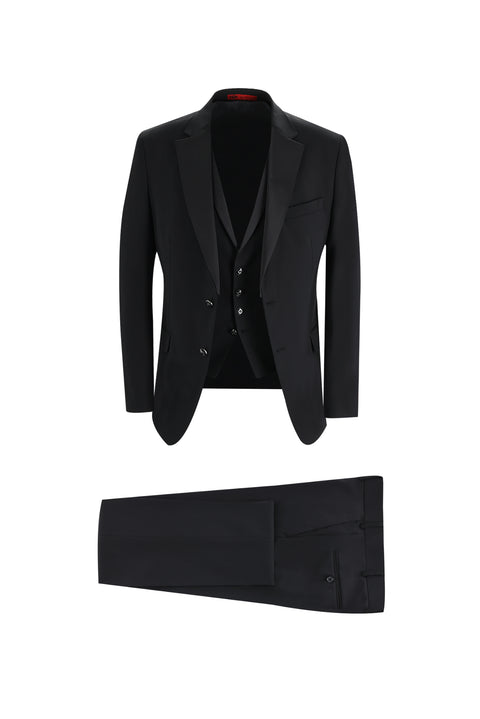Black 7 Drop Slim Fit Narrow Cut Mono Collar Vest Tuxedo & Groom Suit