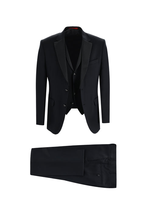 Black 7 Drop Slim Fit Narrow Cut Mono Collar Vest Tuxedo & Groom Suit