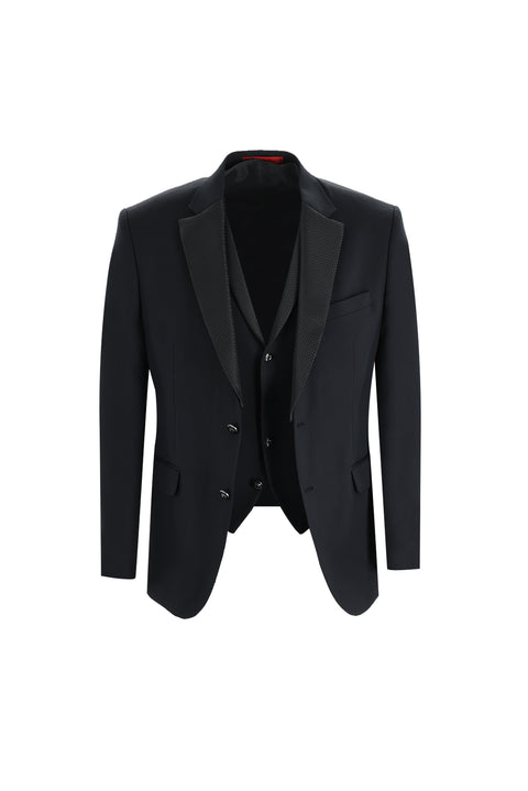Black 7 Drop Slim Fit Narrow Cut Mono Collar Vest Tuxedo & Groom Suit