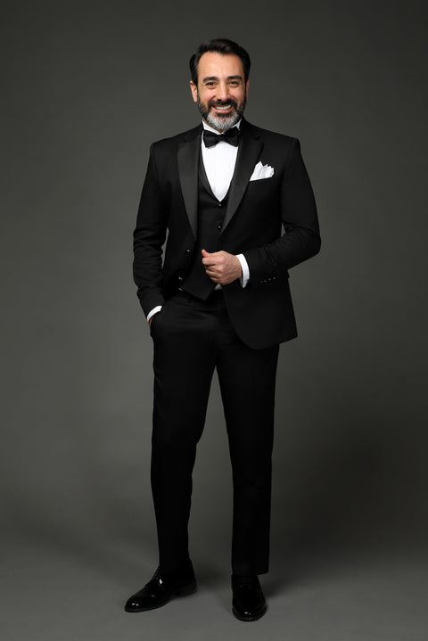 Black 7 Drop Slim Fit Narrow Cut Mono Collar Vest Tuxedo & Groom Suit