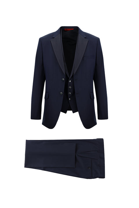Dark Navy 7 Drop Slim Fit Narrow Cut Mono Collar Vest Tuxedo & Groom Suit