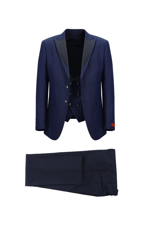 Dark Navy 6 Drop Regular Fit Standard Cut Pointed Collar Vest Tuxedo & Groom Suit