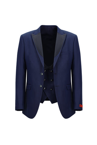  Koyu Lacivert 7 Drop Slim Fit Dar Kesim Sivri Yaka Yelekli Smokin & Damatlık