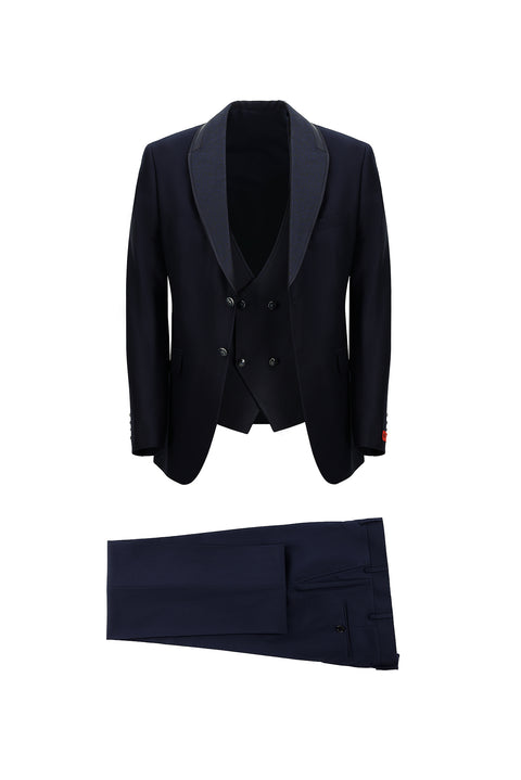 Dark Navy 7 Drop Slim Fit Narrow Cut Shawl Collar Vest Tuxedo & Groom Suit
