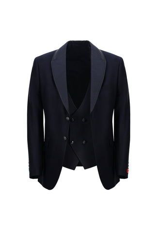  Koyu Lacivert 7 Drop Slim Fit Dar Kesim Şal Yaka Yelekli Smokin & Damatlık