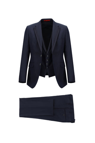  Orta Lacivert 7 Drop Slim Fit Dar Kesim Mono Yaka Yelekli Smokin & Damatlık