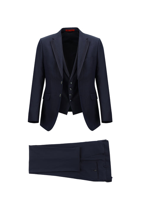 Orta Lacivert 7 Drop Slim Fit Dar Kesim Mono Yaka Yelekli Smokin & Damatlık