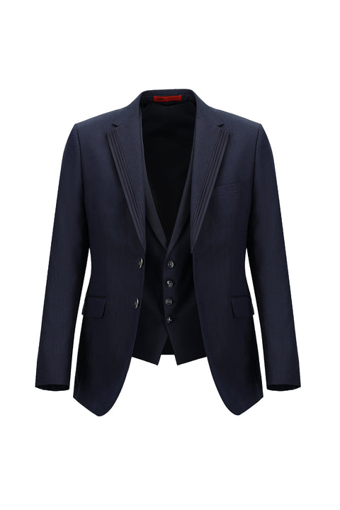 Orta Lacivert 7 Drop Slim Fit Dar Kesim Mono Yaka Yelekli Smokin & Damatlık