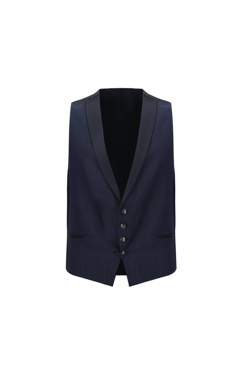 Orta Lacivert 7 Drop Slim Fit Dar Kesim Mono Yaka Yelekli Smokin & Damatlık