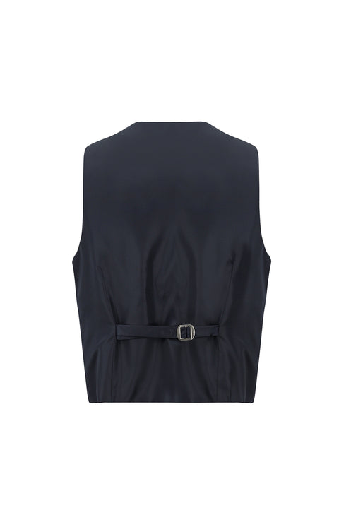 Orta Lacivert 7 Drop Slim Fit Dar Kesim Mono Yaka Yelekli Smokin & Damatlık