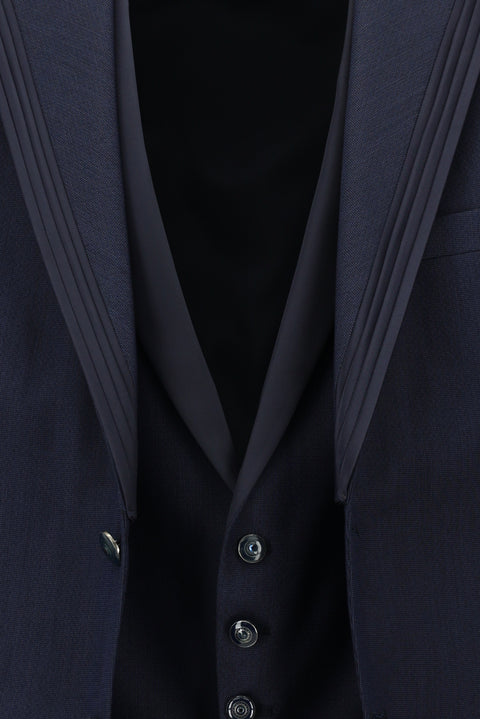 Orta Lacivert 7 Drop Slim Fit Dar Kesim Mono Yaka Yelekli Smokin & Damatlık
