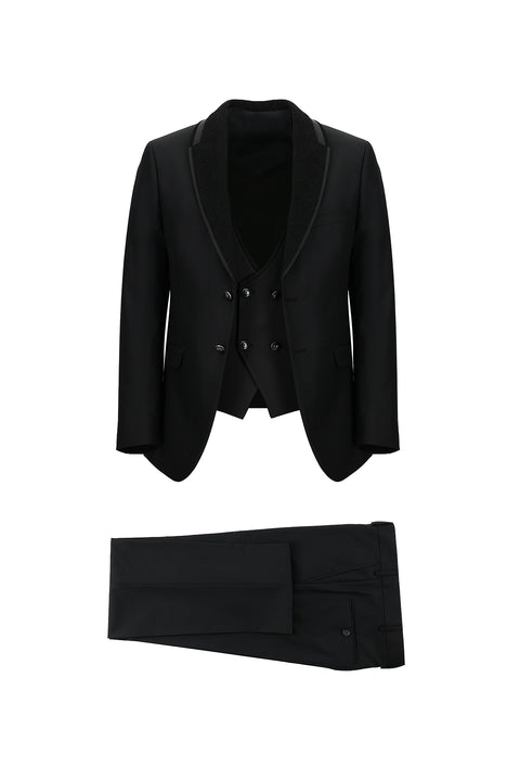 Siyah 7 Drop Slim Fit Dar Kesim Şal Yaka Yelekli Smokin & Damatlık