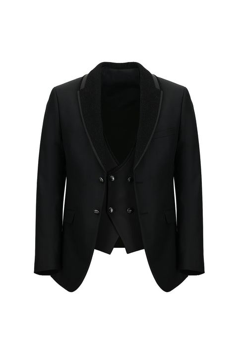 Siyah 7 Drop Slim Fit Dar Kesim Şal Yaka Yelekli Smokin & Damatlık