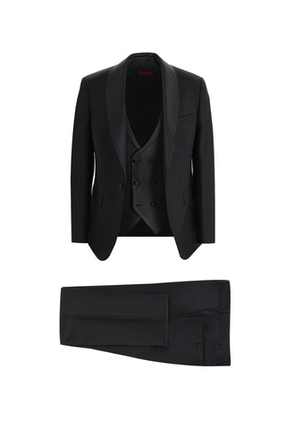  Siyah 7 Drop Slim Fit Dar Kesim Şal Yaka Yelekli Smokin & Damatlık
