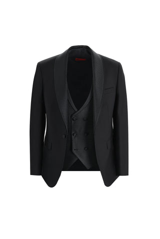  Siyah 7 Drop Slim Fit Dar Kesim Şal Yaka Yelekli Smokin & Damatlık